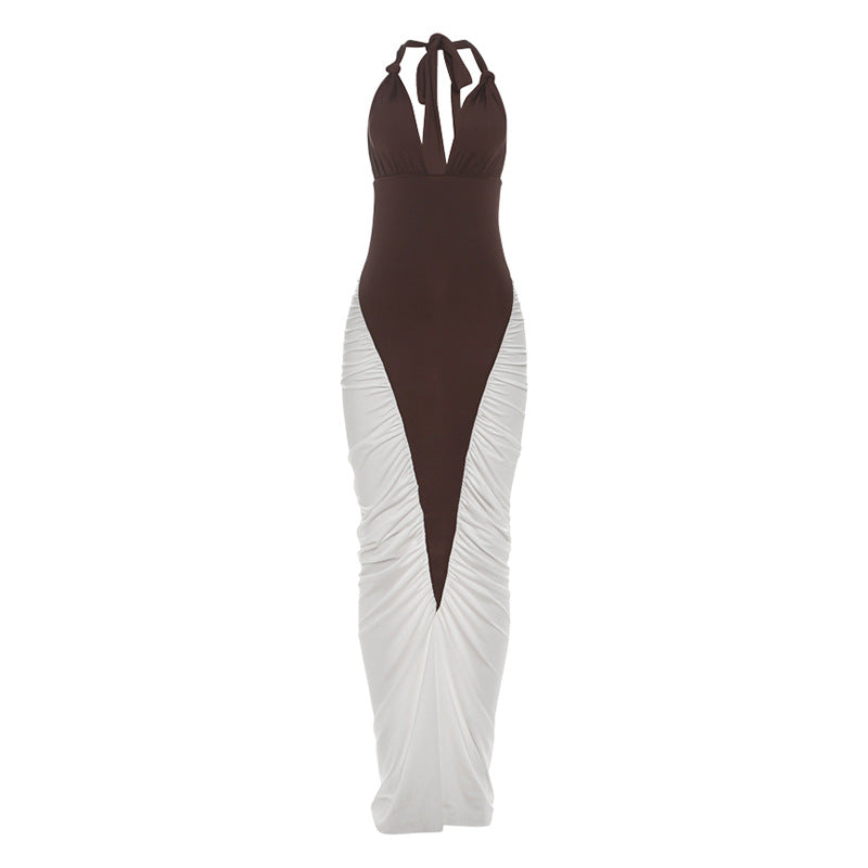 Autumn Winter Women Sexy Backless Halter V neck Colorblock Contrast Color Sheath Dress by Ragazza