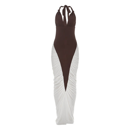 Autumn Winter Women Sexy Backless Halter V neck Colorblock Contrast Color Sheath Dress by Ragazza