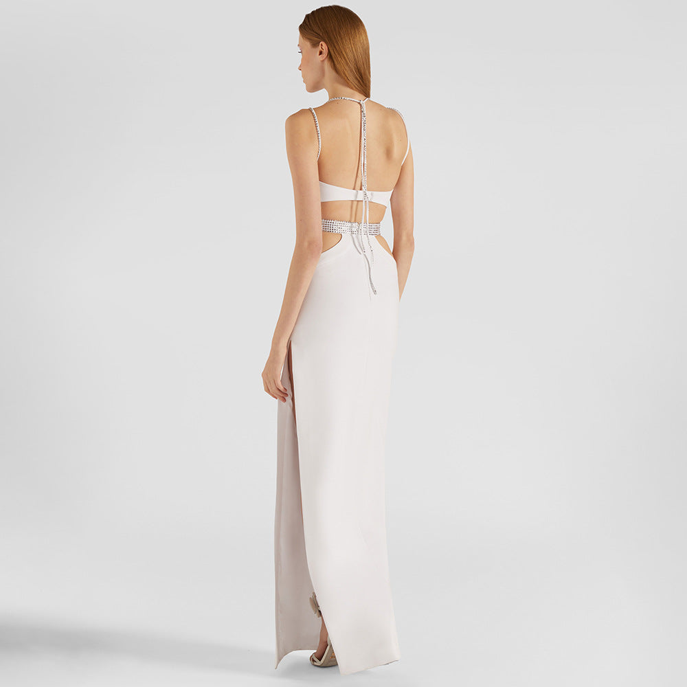 White Rhinestone Hollow Out Cutout out Dress Camisole Backless Maxi Dress Dress Slim Bandage by Ragazza