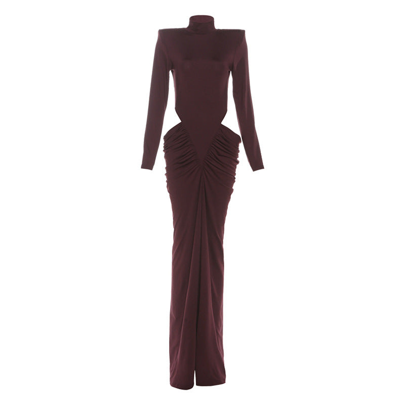 Autumn Winter Women Long Sleeved High Collar Slim Fit Pleated Sexy Cutout Sheath Dress by Ragazza