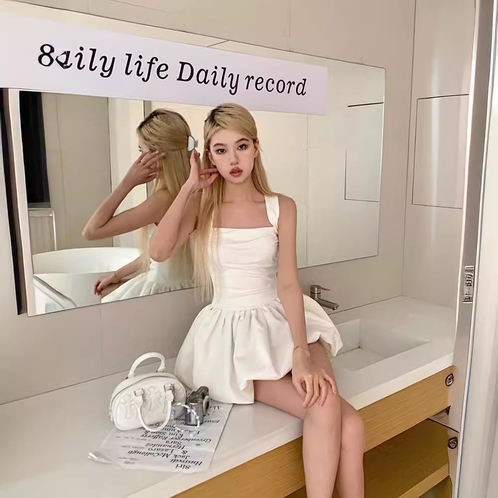Ballet White Cami Dress Women Summer Small Waist A line Slimming Puffy Short Dress by Ragazza