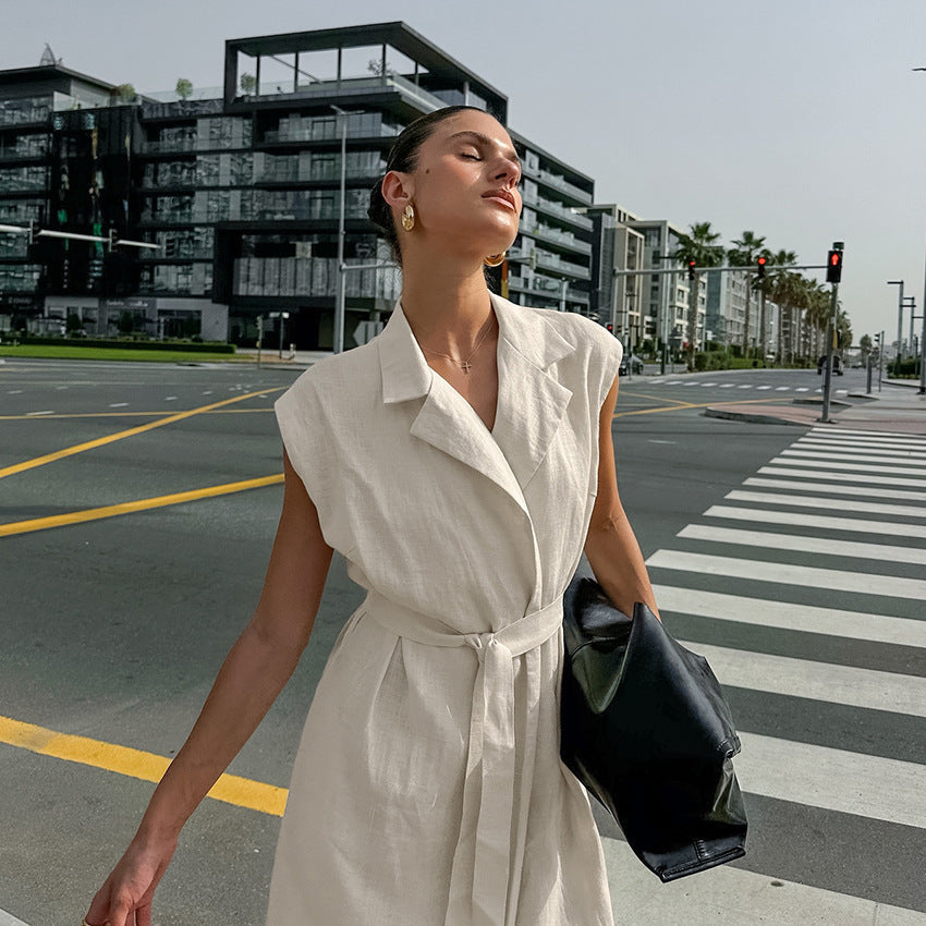 Women Cotton Linen Collar Belt Office Dress Spring Summer Dress by Ragazza