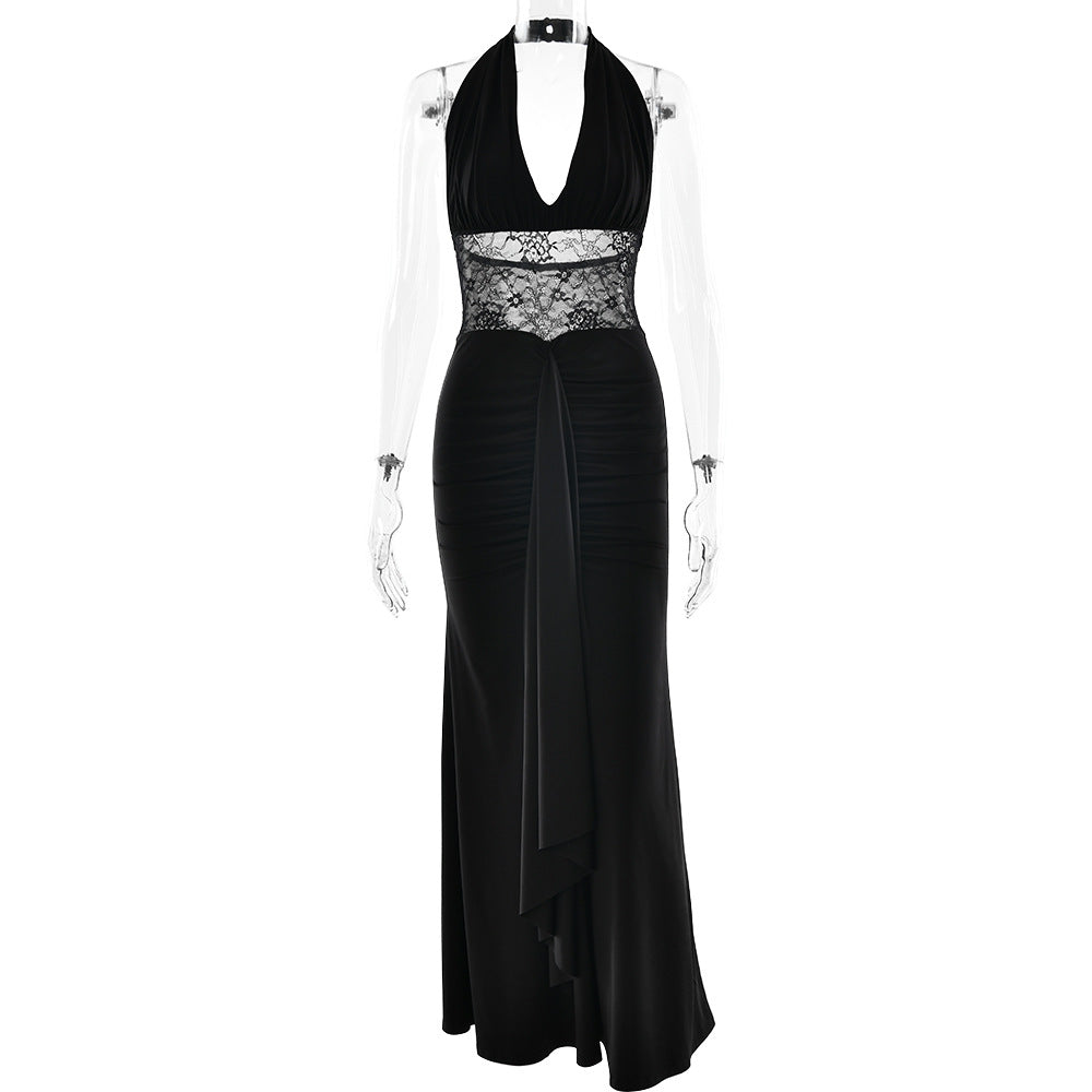 Elegant Deep V Plunge Halter Waist Slimming Maxi Dress Sexy Hollow Out Cutout out Backless Ribbon Dress by Ragazza
