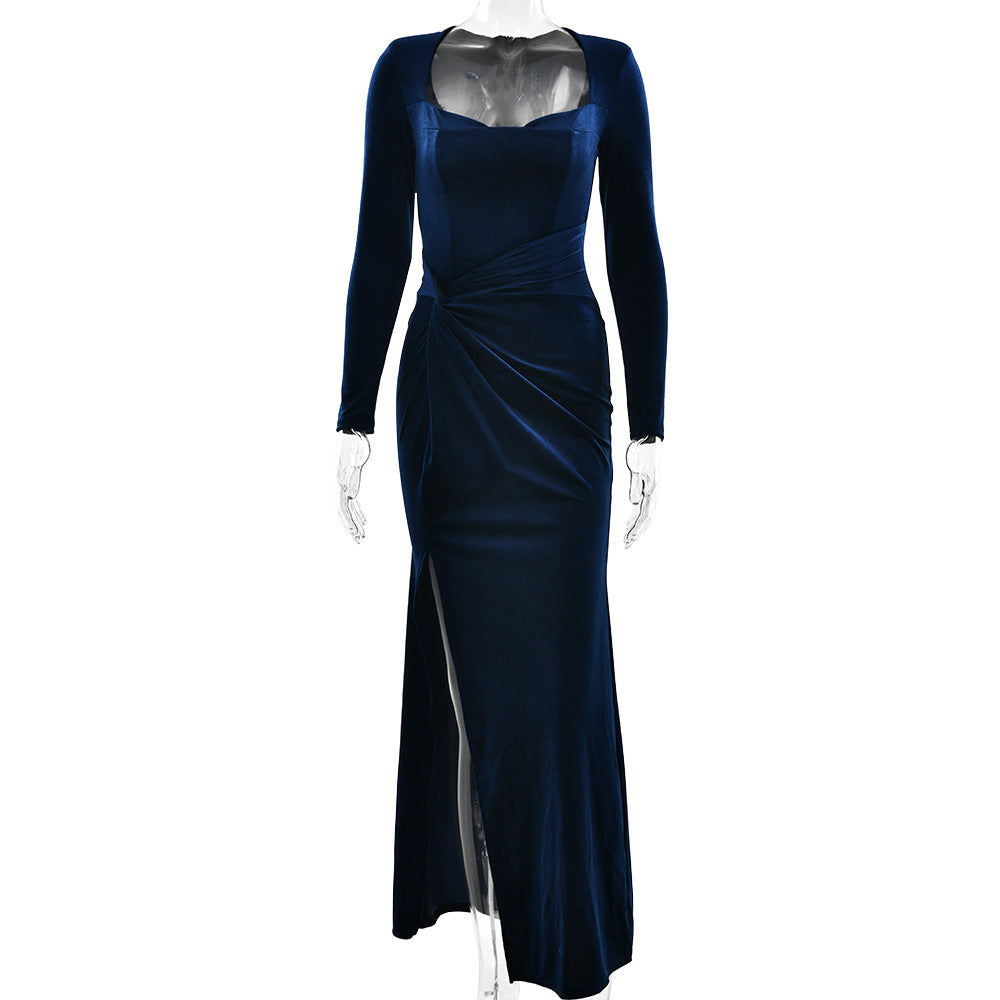 Women Clothing Sexy Slit Square Collar Dress Fashionable Elegant Velvet Pleated Dress by Ragazza
