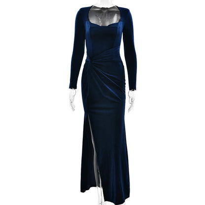 Women Clothing Sexy Slit Square Collar Dress Fashionable Elegant Velvet Pleated Dress by Ragazza