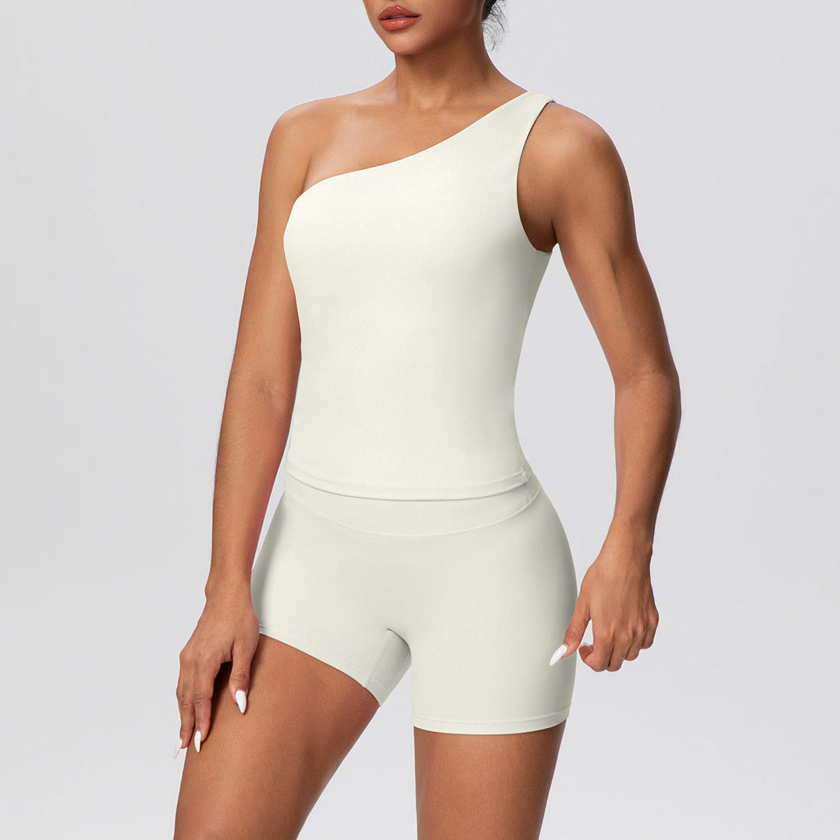 Women Solid Color Oblique Shoulder Strap Beauty Back Exercise Vest Yoga Pants Running Slim Shorts Fitness Yoga Wear Set by Ragazza