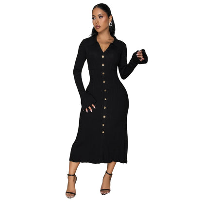 Women Wear V neck Solid Color Dress Single Breasted Long Sleeve Dress by Ragazza