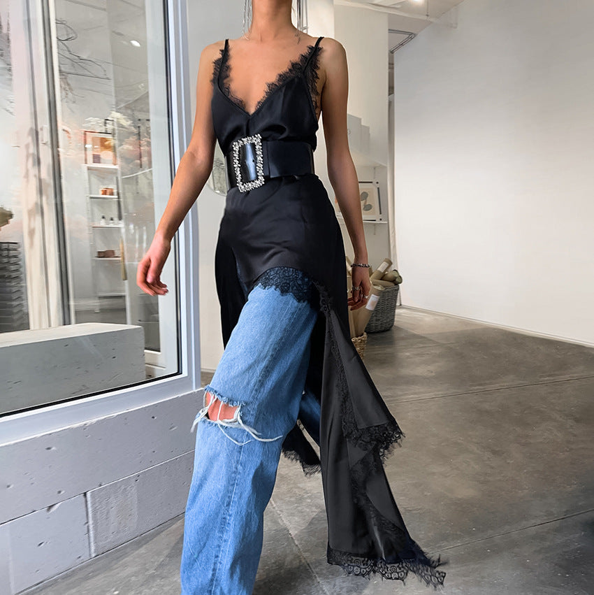 Summer Sexy Design Lace V Neck Strap Black Mysterious Dress Russian Slit Dress Women Clothing by Ragazza