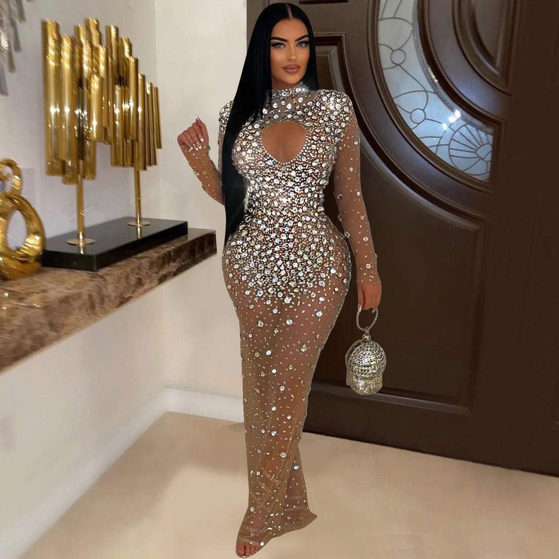 Women Wear round Neck Rhinestone Dress Maxi Dress by Ragazza