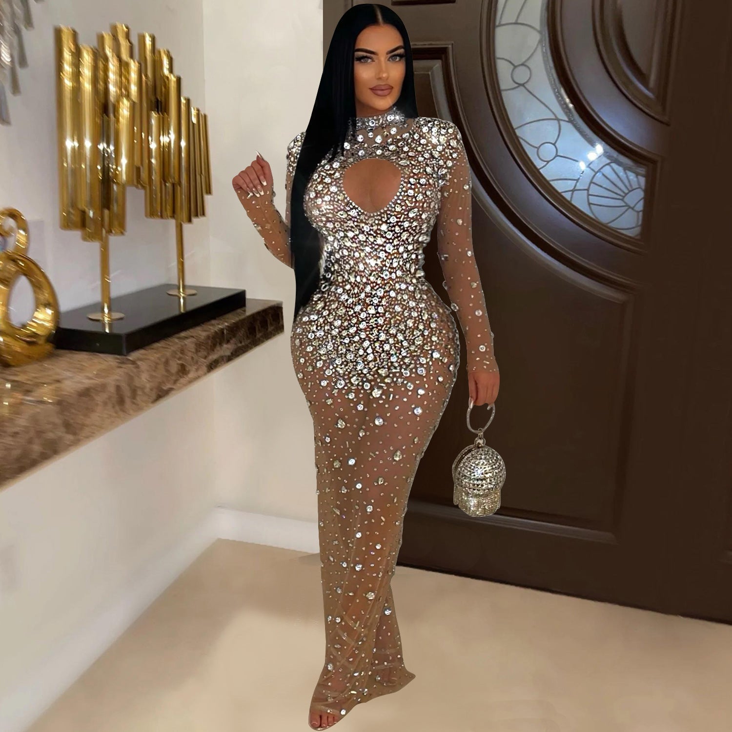 Women Wear round Neck Rhinestone Dress Maxi Dress by Ragazza