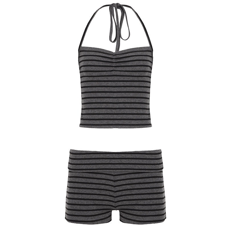 Striped Homewear Halter Chest Pleated Vest Waist Shorts Sports Casual Two Piece Sets by Ragazza