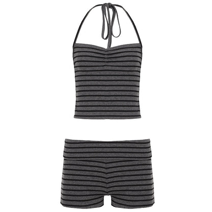 Striped Homewear Halter Chest Pleated Vest Waist Shorts Sports Casual Two Piece Sets by Ragazza