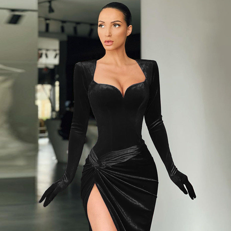 Women Clothing Autumn Winter Elegant Slim Sexy Push up High Waist Gloves Korean Velvet Dress Dress by Ragazza