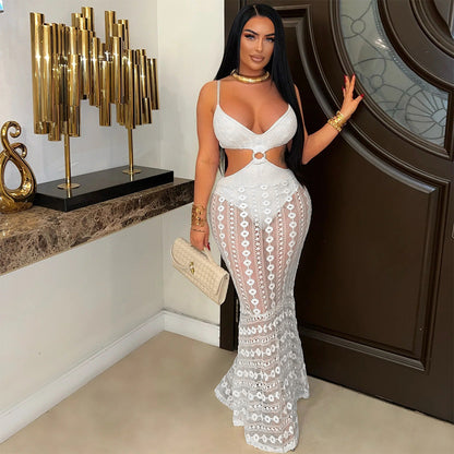 Sexy V neck Brace Lace See through Sheath Dress Cropped Outfit Maxi Dress by Ragazza