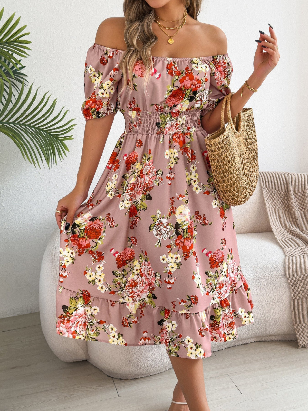 Spring Summer Floral Off Shoulder Short-Sleeved Ruffle A Line Holiday Dress  DestGlow