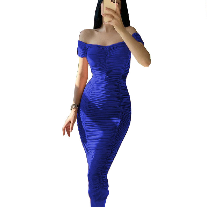 Solid Color Dress Elegant Summer Women Clothing off-Shoulder Pleated Dress by Ragazza