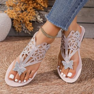 Rhinestone Butterfly Flat Sandals Women Outer Wear Bohemian Seaside Beach Slippers  DestGlow