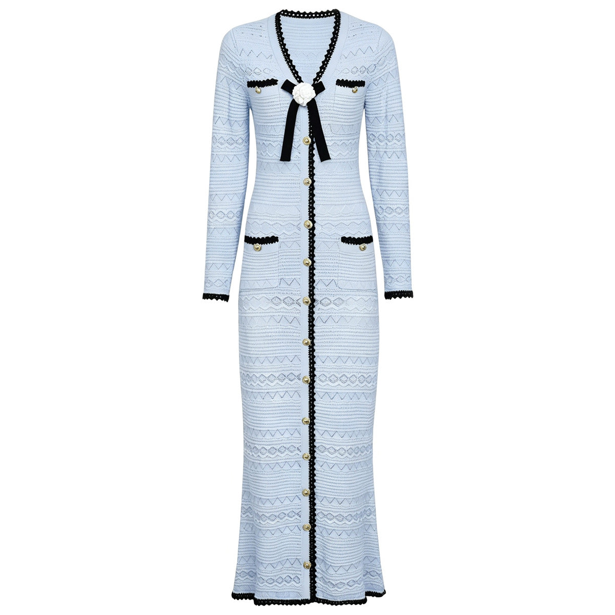 Spring Autumn Fashionable Knitted V neck Floral Slim Fit Slimming Long Sleeves Dress Women  DestGlow