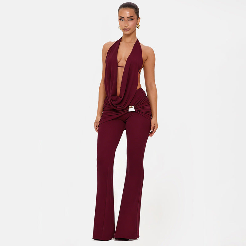Women Clothing Winter Hanging Collar Backless Top Metal Buckle Bootcut Pants Two Piece Set by Ragazza