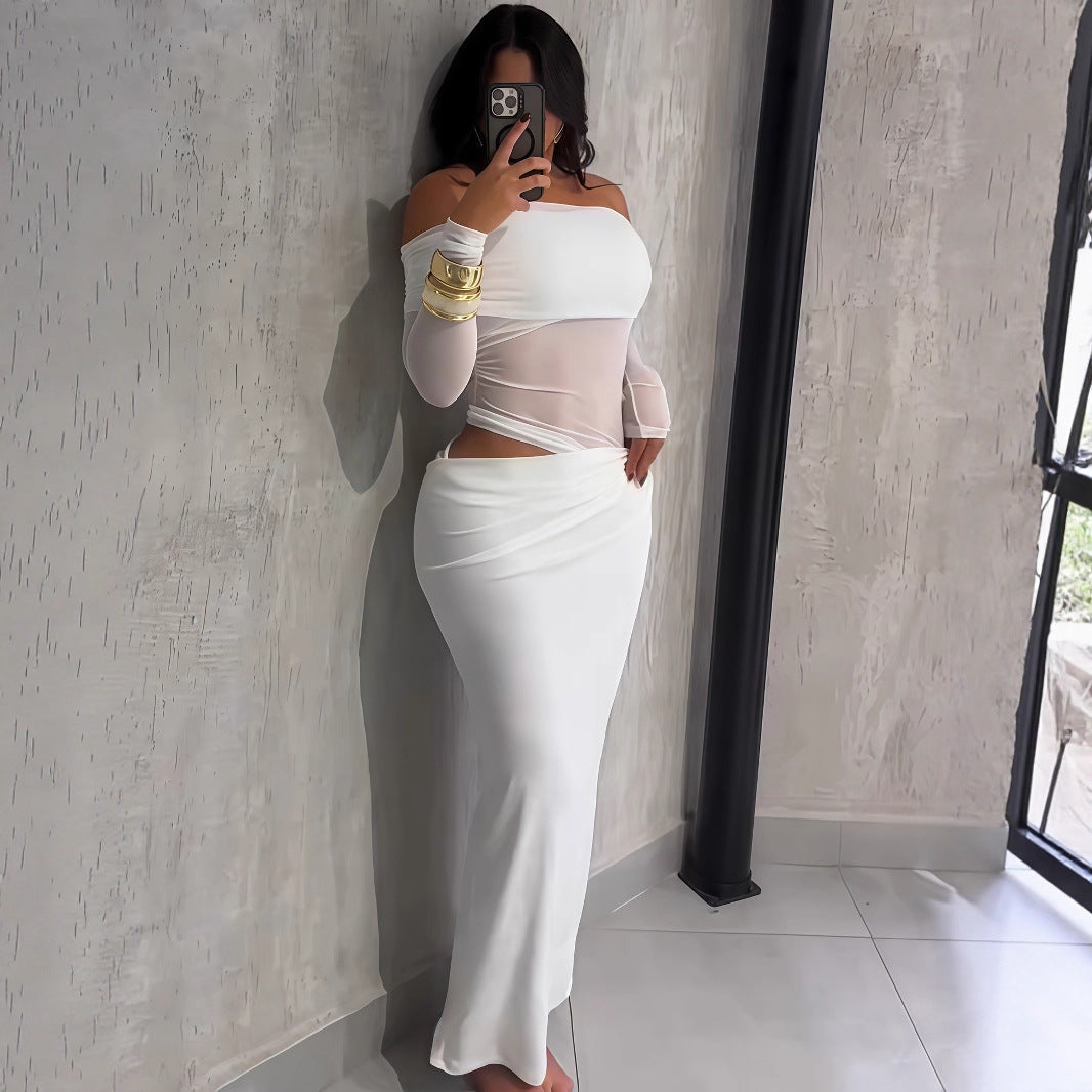 Summer Women Maxi Dress Sexy Mesh Stitching Slim Fit Tube Top Long Sleeve Dress by Ragazza