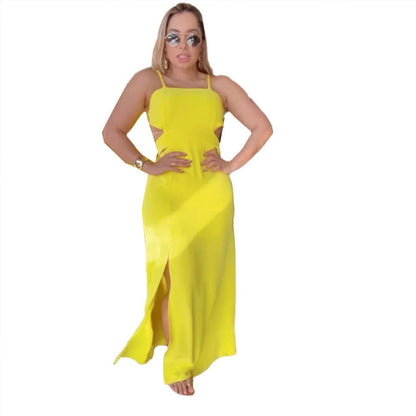 Women Solid Color Sleeveless Split Hip Strap Backless Dress by Ragazza