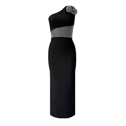 Sexy Diagonal Collar Sleeveless Rhinestone Floral Bandage One Piece Dress Party Cocktail Evening Dress by Ragazza