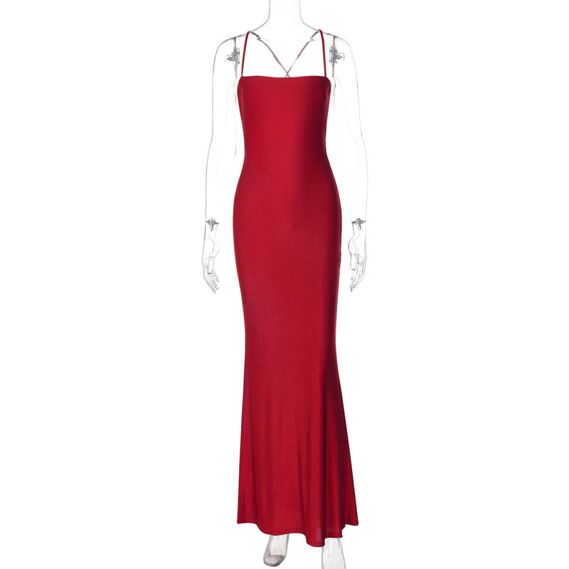 Women Clothing Summer Solid Color Tube Top Backless Stitching Hollow Out Cutout out Tied Slim Fit Slimming Dress Women by Ragazza