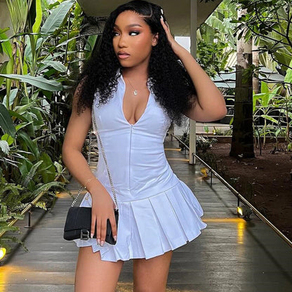 Women Clothing Solid Color Dress Sexy Sleeveless Collared Zipper Casual Pleated Dress by Ragazza