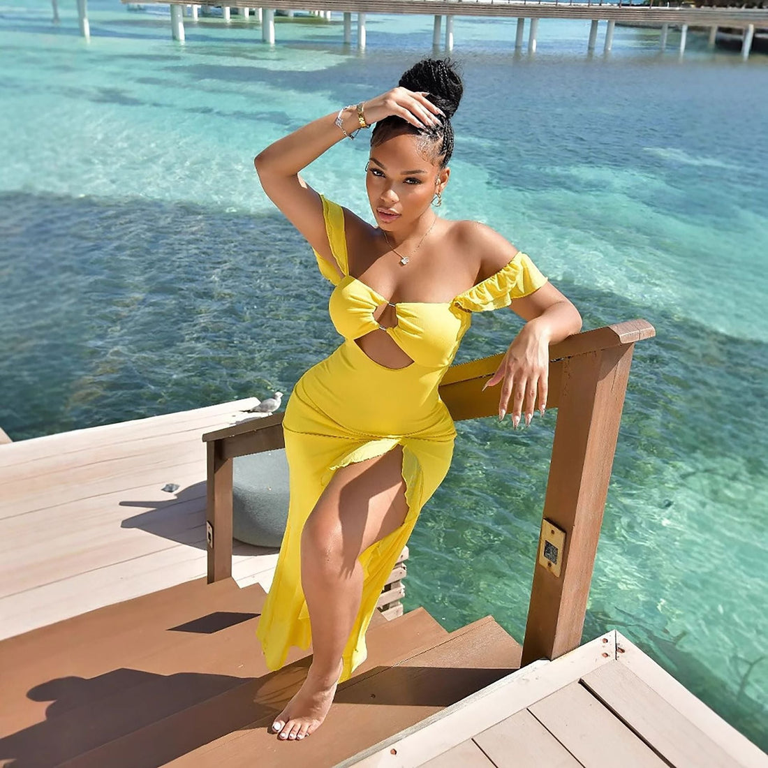 Summer Women Sexy off Shoulder Tube Top Hollow Out Cutout Slim Fit Slit Dress by Ragazza