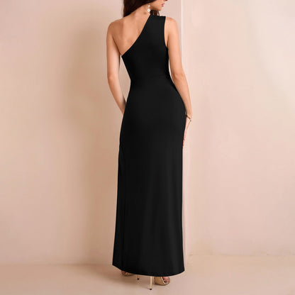 Elegant Milk Silk Sloping Shoulder Dress Sexy High Slit Slim Pleated Tight Formal Dress by Ragazza