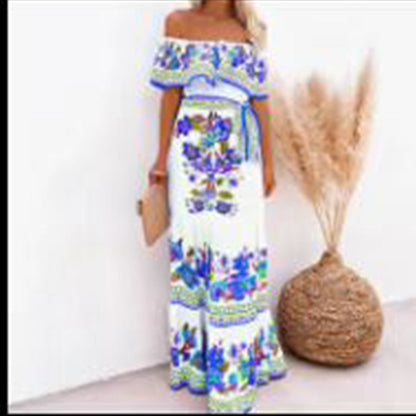 Spring Summer off Shoulder Red Floral Printed Long Large Hem Dress by Ragazza