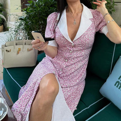 Elegant Floral Dress Summer Polo Collar Short Sleeve High Waist Print A line Dress for Women by Ragazza