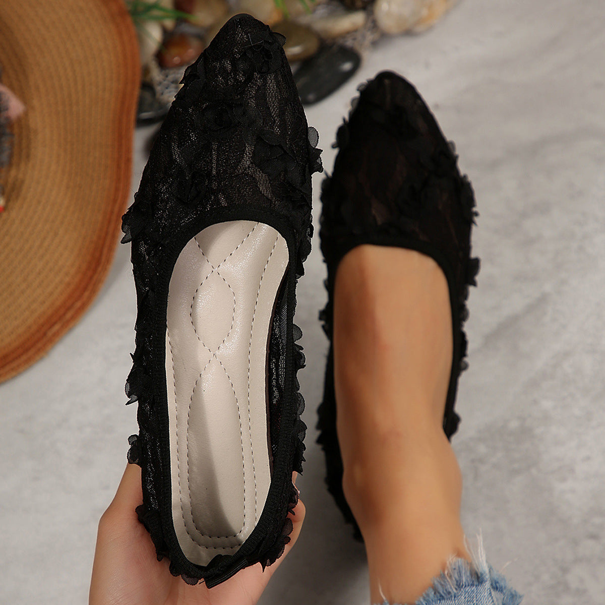 Floral Mesh Shallow Mouth Pumps Women Summer Flat Bottom Slip on Lazy Four Seasons Boat Shoes  DestGlow
