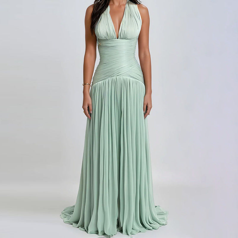 Elegant Elegant Dinner Dress Sexy Deep V Plunge Halter Cinched Pleated Waist Slimming Dress  DestGlow
