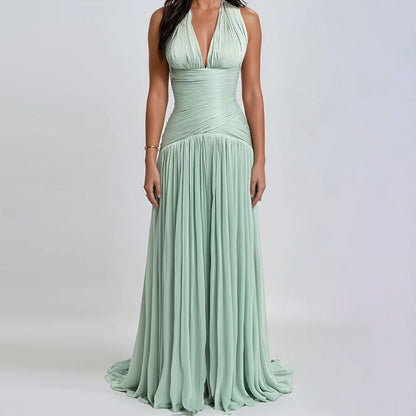Elegant Elegant Dinner Dress Sexy Deep V Plunge Halter Cinched Pleated Waist Slimming Dress  DestGlow