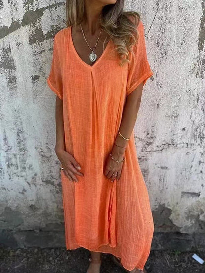Cotton Linen V neck Semi Formal Dress by Ragazza