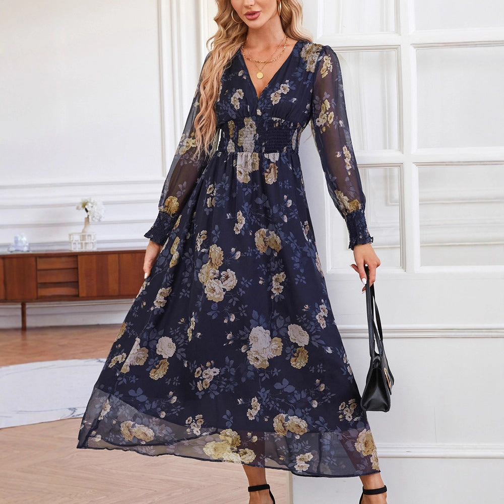 Autumn Women Casual Bohemian Printed Maxi Dress Deep V Plunge neck Long Sleeve Evening Dress by Ragazza