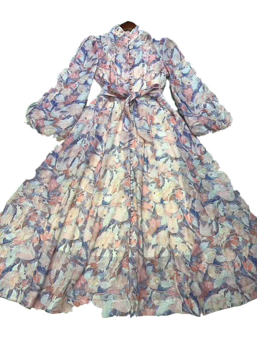 Beautiful Tea Break Dress Spring Summer Small Stand Collar Printed Lace up Waist Slimming Dress Women by Ragazza