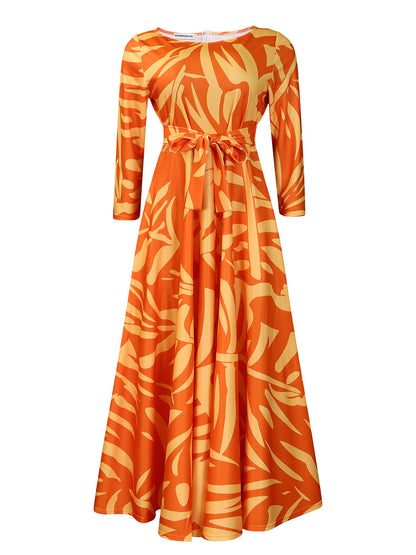 Women Clothing Spring Elegant Graceful Printed Lace up Large Dress by Ragazza
