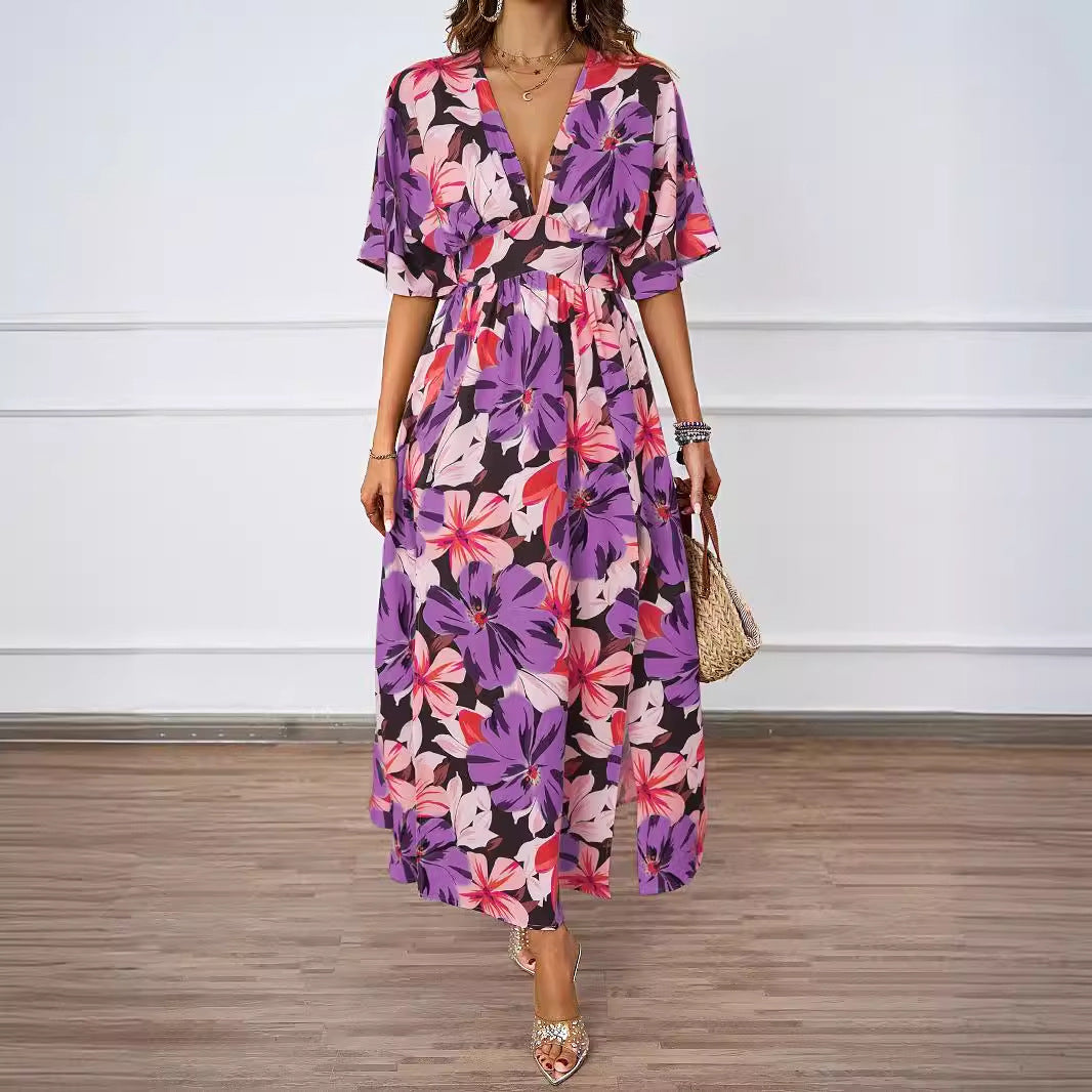Summer Floral Print Maxi Dress Elastic Band Waist Tight Big V neck Short Sleeve Dress for Women by Ragazza