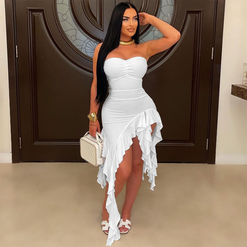 Tube Top Irregular Asymmetric Dress Solid Color Ruffles Dress Women Sheath by Ragazza