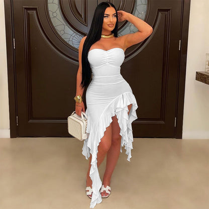 Tube Top Irregular Asymmetric Dress Solid Color Ruffles Dress Women Sheath by Ragazza