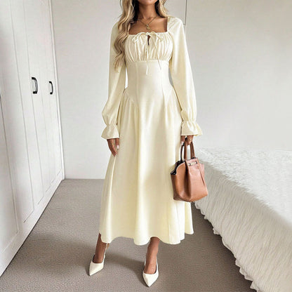 Women Clothing Gentle Square Collar Lace up Long Sleeve Dress Pleated Waist Tight Slimming A line Big Hem Dress by Ragazza
