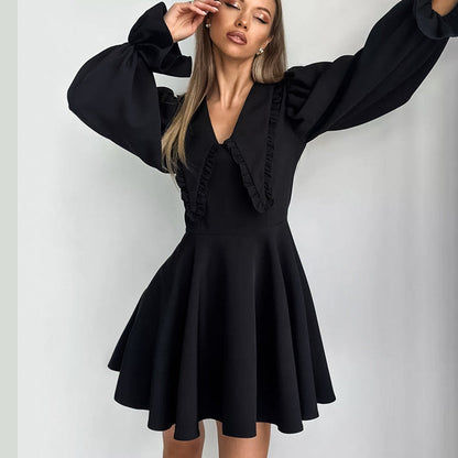 Autumn Winter Black Sexy Design Collared Bell Sleeve French Long Sleeve Dress All Matching Slim Fit Women by Ragazza