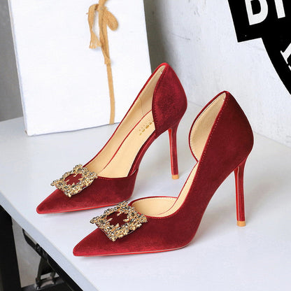 Korean Suede Side Empty Shoes Women Super High Heel Sexy Pointed Toe Rhinestone Square Buckle Stiletto Women Shoes  DestGlow
