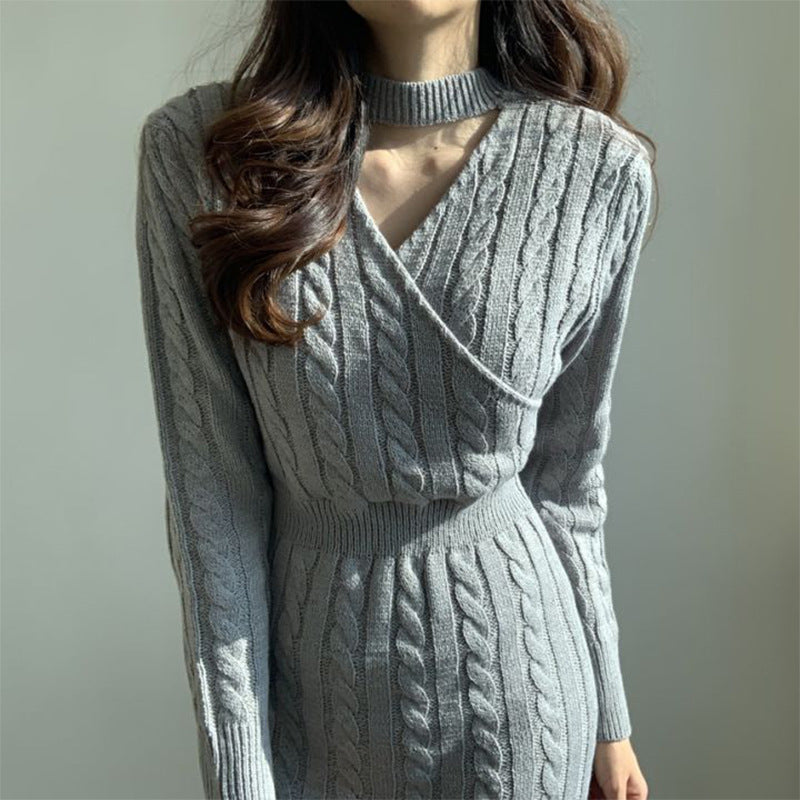 Chic Personality All Match Round Neck Hemp Pattern Front Back Wearable Design Sneaky Design Split Sweater Dress Women by Ragazza