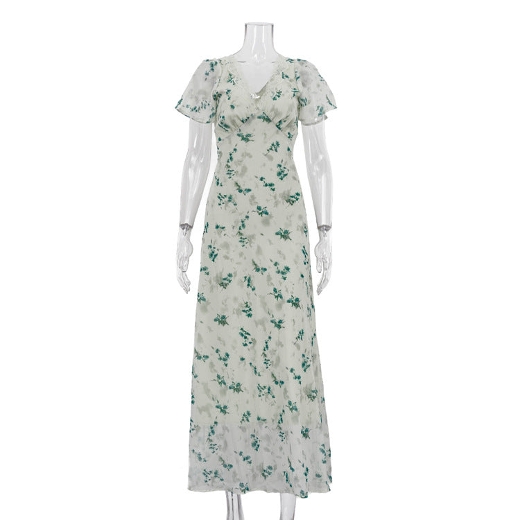 Design Stitching Lace V neck Short Sleeve Dress High Waist Floral Dress Women  DestGlow