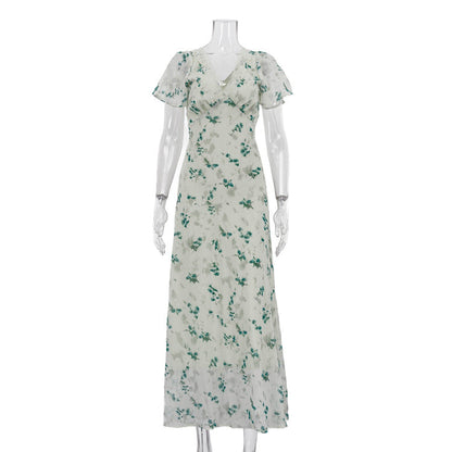 Design Stitching Lace V neck Short Sleeve Dress High Waist Floral Dress Women  DestGlow