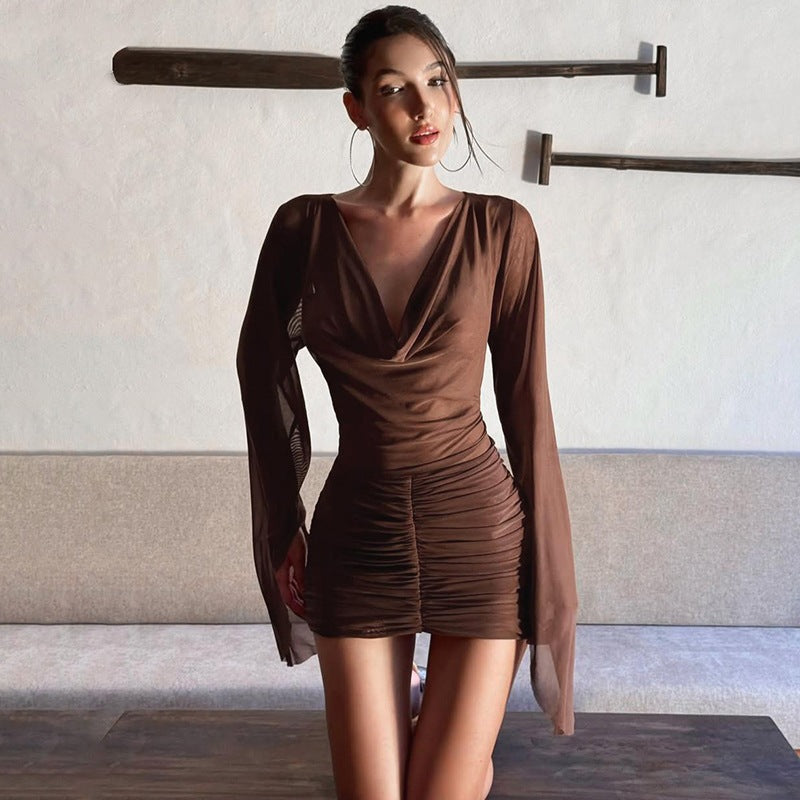 Summer Women Sexy Swing Collar Asymmetric Mesh Pleats Hip Dress  DestGlow
