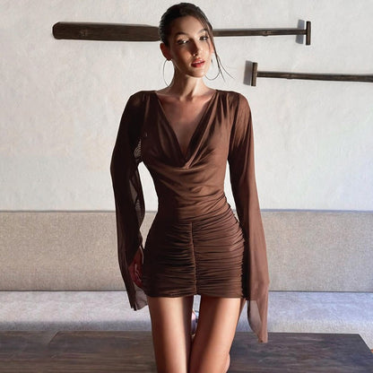 Summer Women Sexy Swing Collar Asymmetric Mesh Pleats Hip Dress  DestGlow